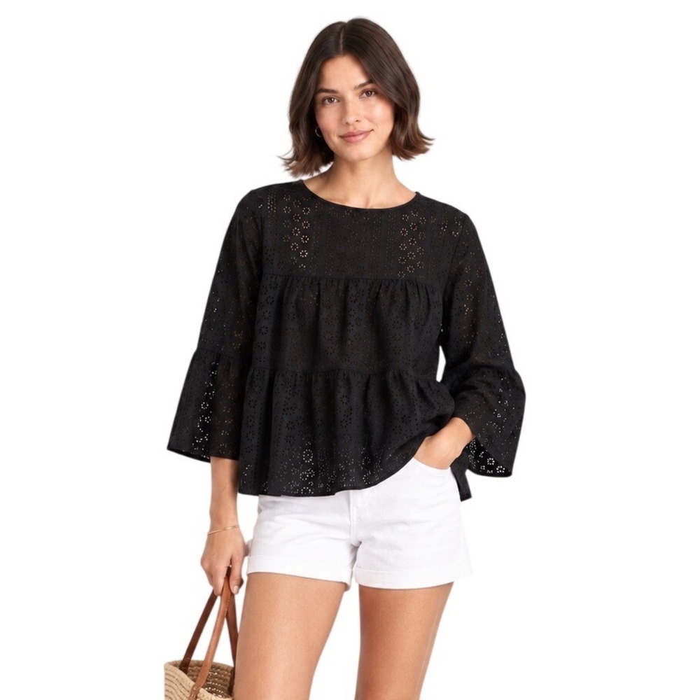 Madewell Eyelet Tiered Button-Back Top Black Cotton Blouse Size S